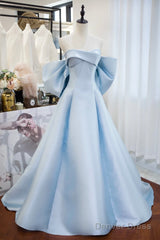 Blue Satin Spaghetti Strap Long Prom Dress With Big Bow, Blue A-Line Evening Party Dress
