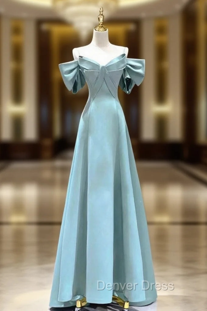 Blue Satin Spaghetti Straps Bow Prom Dresses Main image