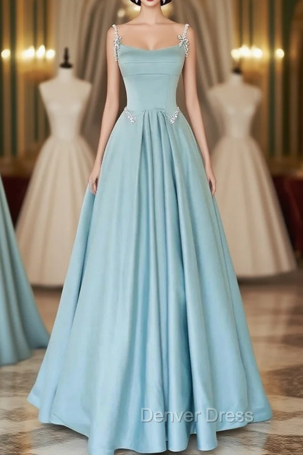 Blue Satin Spaghetti Straps Pearls Prom Dresses Main image