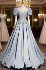 Blue Satin Square Puff Sleeve Pearls Prom Dresses
