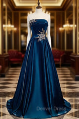 Blue Satin Strapless Beading Appliques Prom Dresses