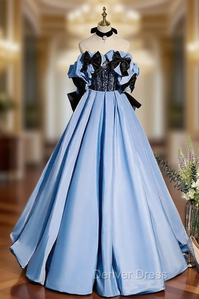 Blue Satin Strapless Bow Prom Dress – Denver Dress