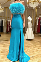 Blue Satin Strapless Feather Split Prom Dresses