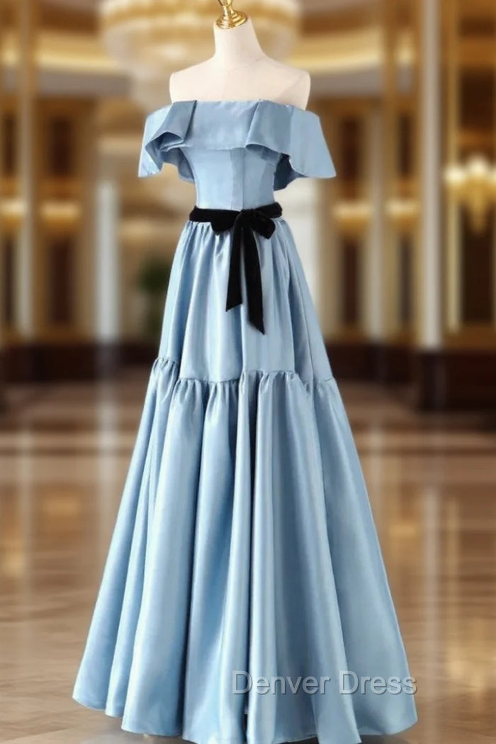 Blue Satin Strapless Prom Dresses With Belt Main image