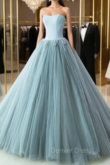 Blue Satin Tulle Strapless Beading Prom Dresses