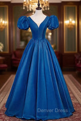 Blue Satin V-neck Puff Sleeve Backless Prom Dresses