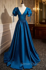 Blue Satin V-neck Short Sleeve Pleats Prom Dresses