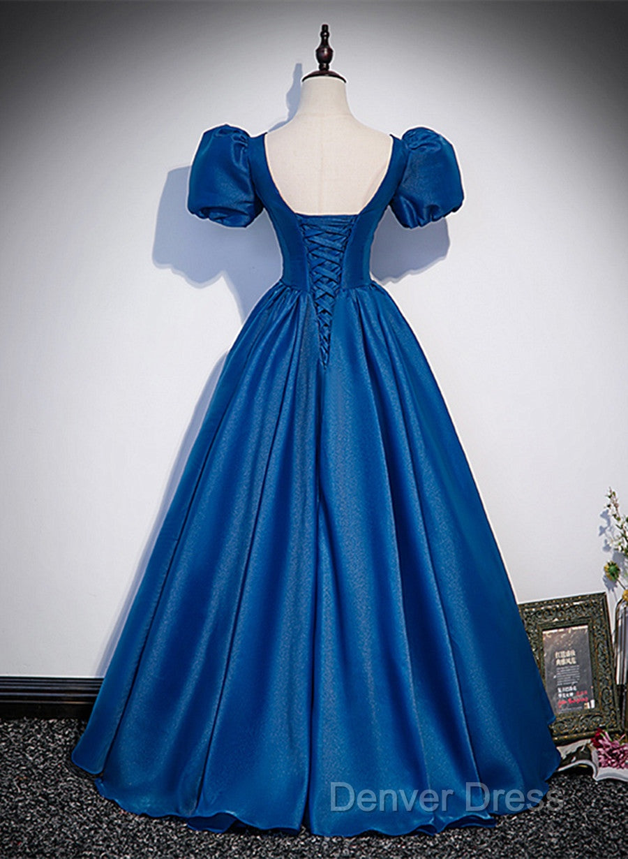 Blue Satin V-Neckline Short Sleeves Long Formal Dresses, Blue Satin Prom Dresses Secondary image