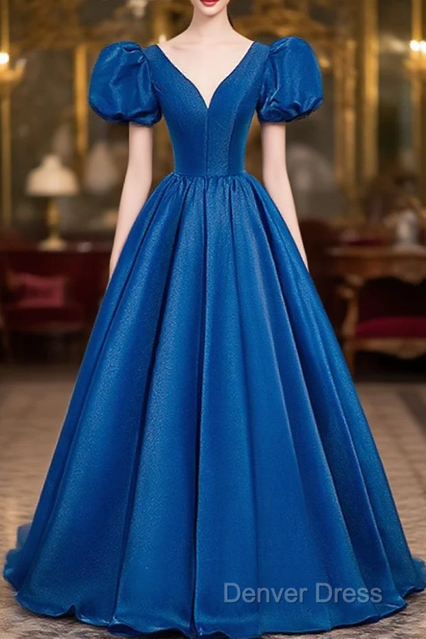 Blue Satin V-Neckline Short Sleeves Long Formal Dresses, Blue Satin Prom Dresses Main image