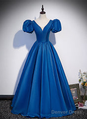 Blue Satin V-Neckline Short Sleeves Long Formal Dress, Blue Satin Prom Dress