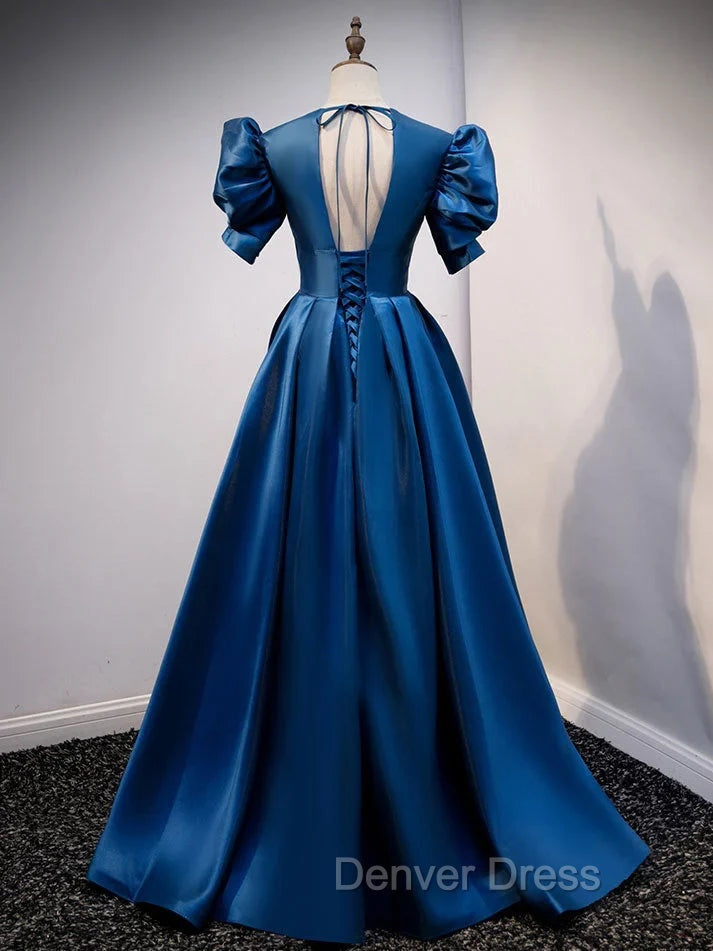 Blue Satin V Neckline Short Sleeves Prom Dress Blue A Line Prom Dress shops Secondary image