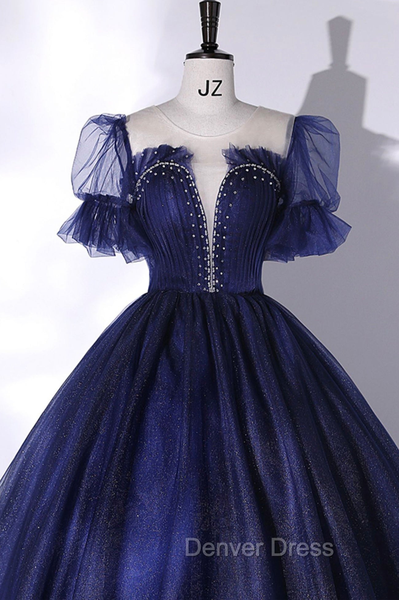Blue Scoop Neckline Tulle Long Prom Dresses, A-Line Short Sleeve Evening Gown Secondary image