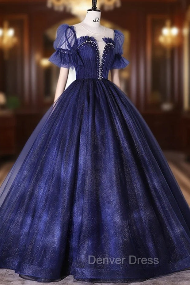 Blue Scoop Neckline Tulle Long Prom Dresses, A Line Short Sleeve Prom Gowns