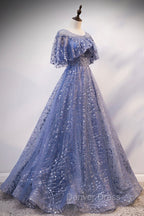 Blue Scoop Neckline Tulle Long Prom Dresses, Shiny A-Line Formal Evening Dresses