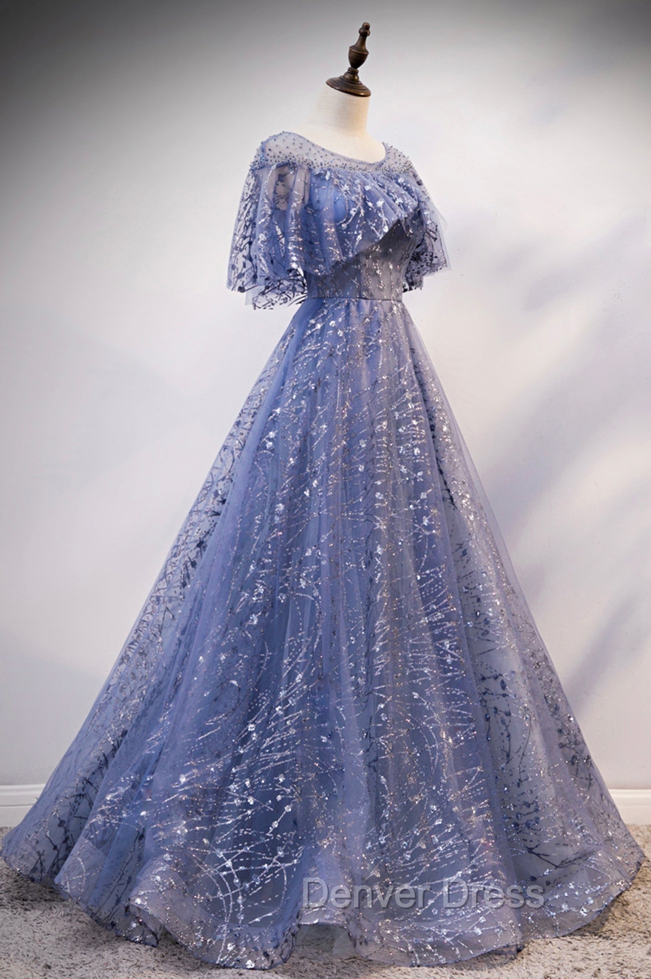 Blue Scoop Neckline Tulle Long Prom Dresses, Shiny A-Line Formal Evening Dresses