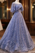 Blue Scoop Neckline Tulle Long Prom Dresses, Shiny A-Line Formal Evening Dresses