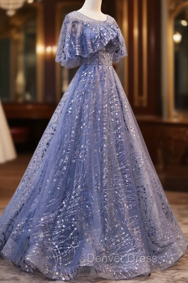 Blue Scoop Neckline Tulle Long Prom Dresses, Shiny A-Line Formal Evening Dresses