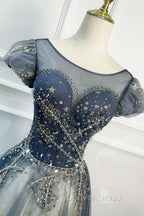 Blue Scoop Neckline Tulle Long Prom Dresses with Beaded, A-Line Evening Party Dresses