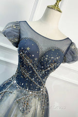 Blue Scoop Neckline Tulle Long Prom Dresses with Beaded, A-Line Evening Party Dresses