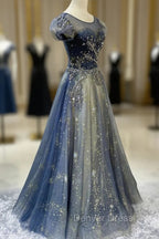 Blue Scoop Neckline Tulle Long Prom Dresses with Beaded, A-Line Evening Party Dresses