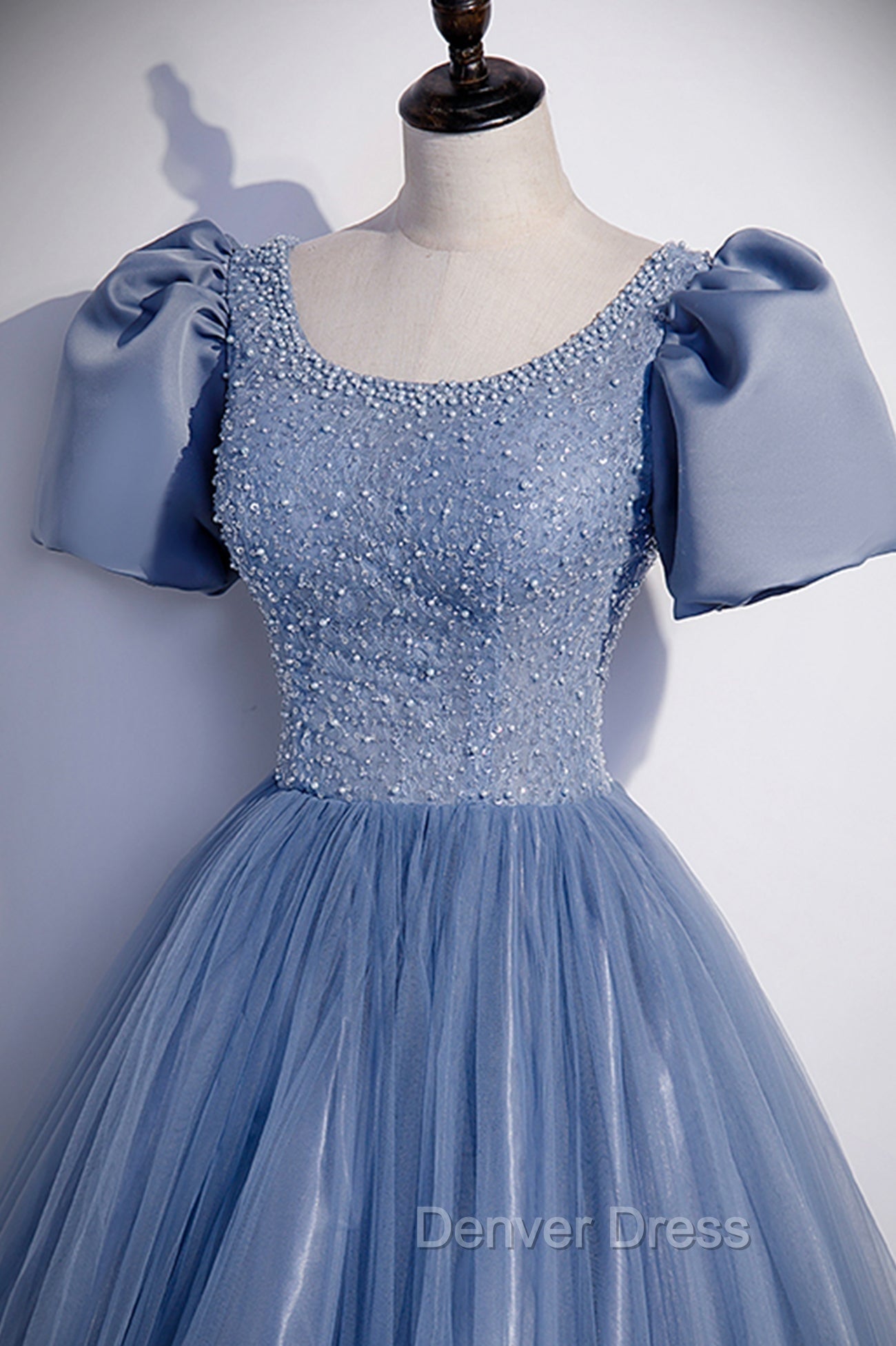 Blue Scoop Tulle Long Prom Dress, A Line Short Sleeve Prom Dresses