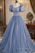 Blue Scoop Tulle Long Prom Dresses, A-Line Short Sleeve Formal Dresses