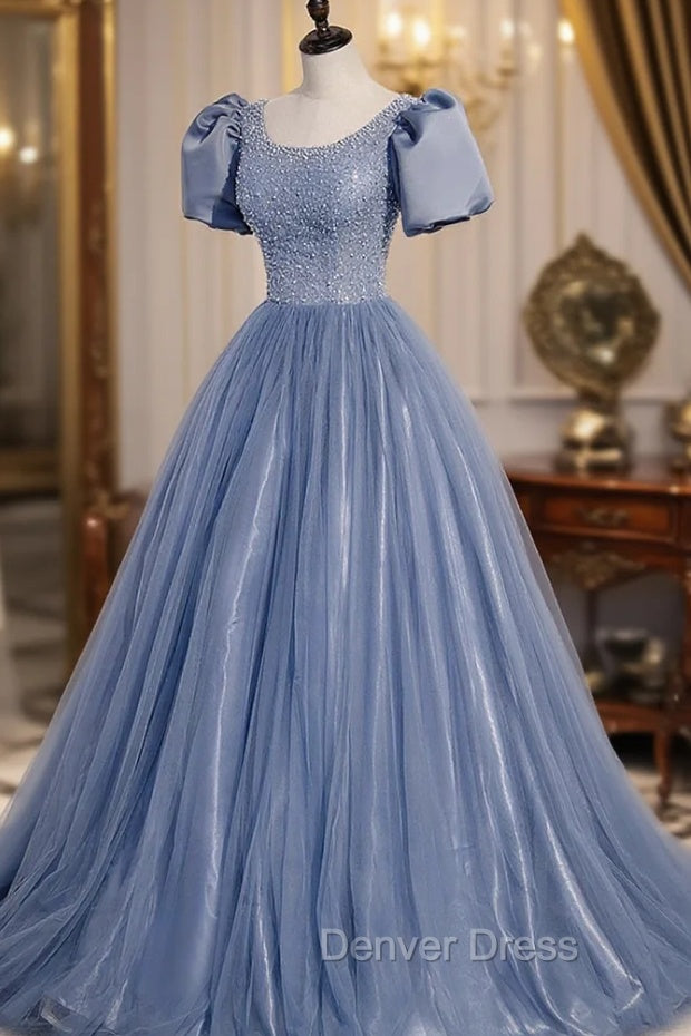 Blue Scoop Tulle Long Prom Dresses, A-Line Short Sleeve Formal Dresses