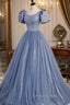 Blue Scoop Tulle Long Prom Dresses, A-Line Short Sleeve Formal Dresses