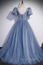 Blue Scoop Tulle Long Prom Dresses, A-Line Short Sleeve Formal Dresses