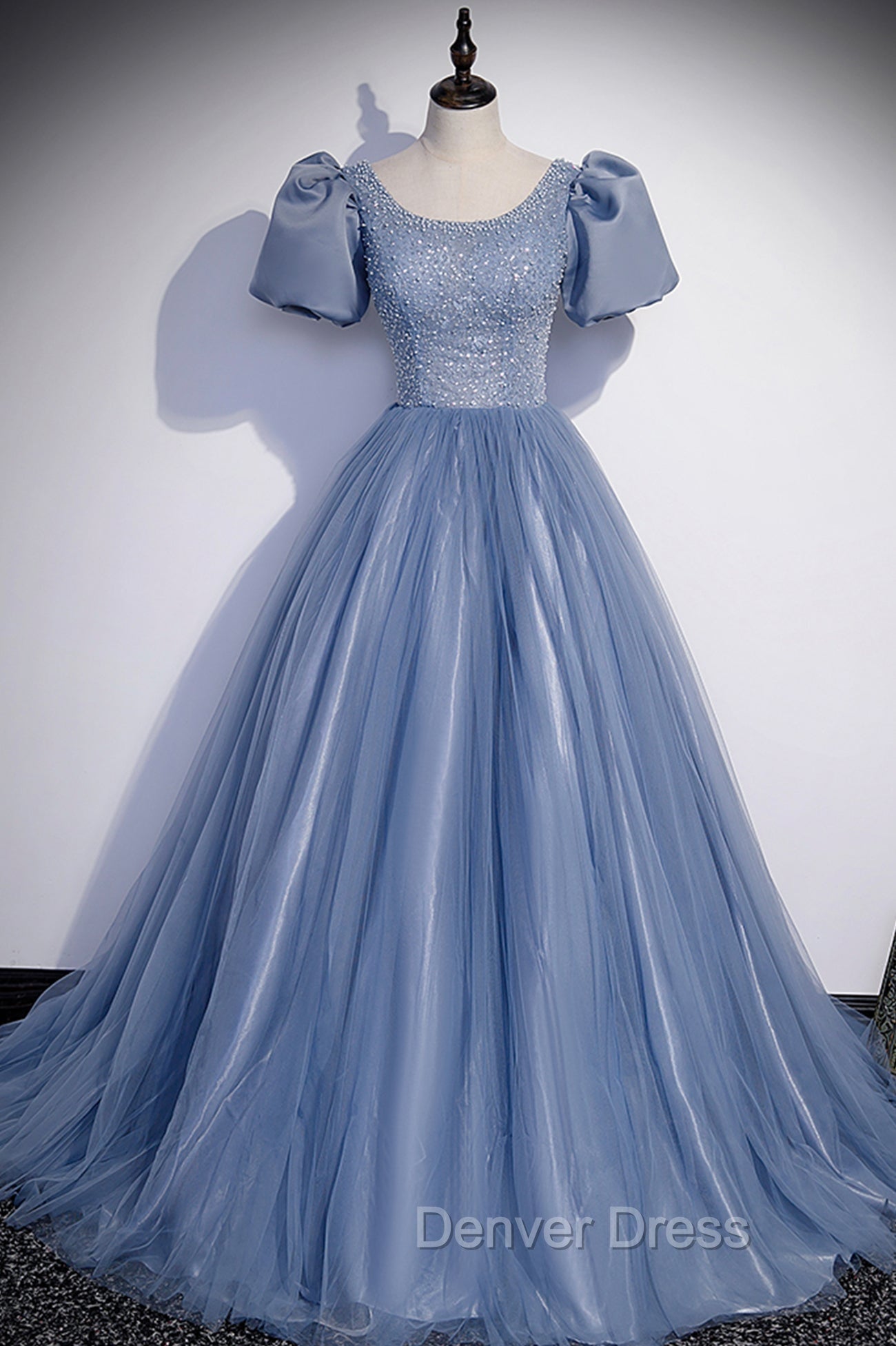 Blue Scoop Tulle Long Prom Dresses, A-Line Short Sleeve Formal Dresses Main image