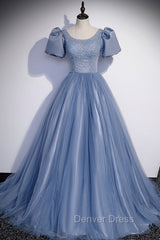 Blue Scoop Tulle Long Prom Dresses, A-Line Short Sleeve Formal Dresses
