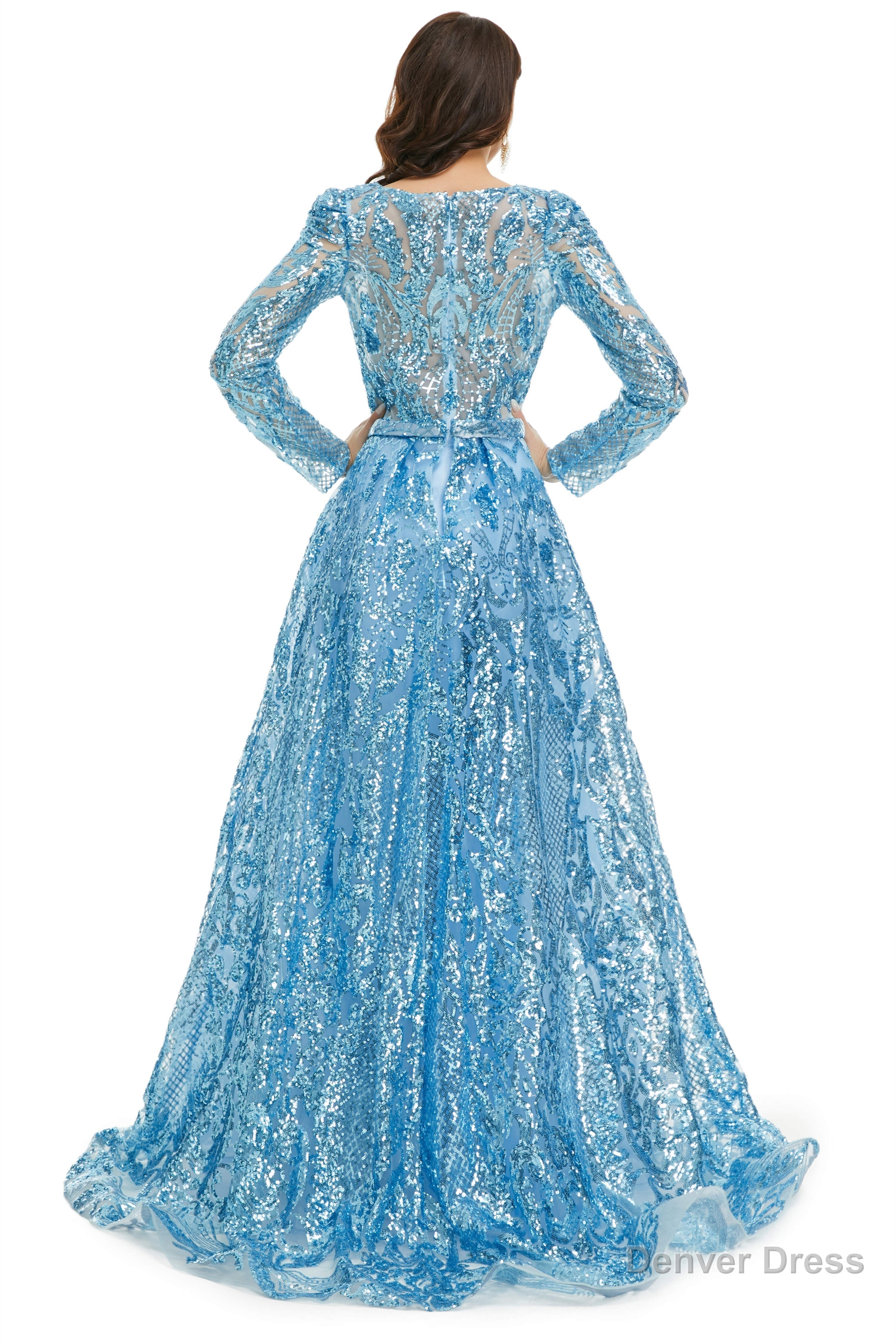 Blue Sequin With Detachable Train Long Sleeves Mermaid Prom Dresses