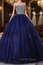 Blue Sequins and Beaded Ball Gowns Tulle Lace up Prom Dress,Blue Prom Dress