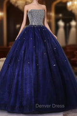 Blue Sequins and Beaded Ball Gown Tulle Lace-up Formal Dresses,Blue Evening Dresses Party Dresses