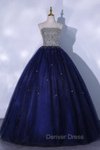 Blue Sequins and Beaded Ball Gown Tulle Lace-up Formal Dresses,Blue Evening Dresses Party Dresses