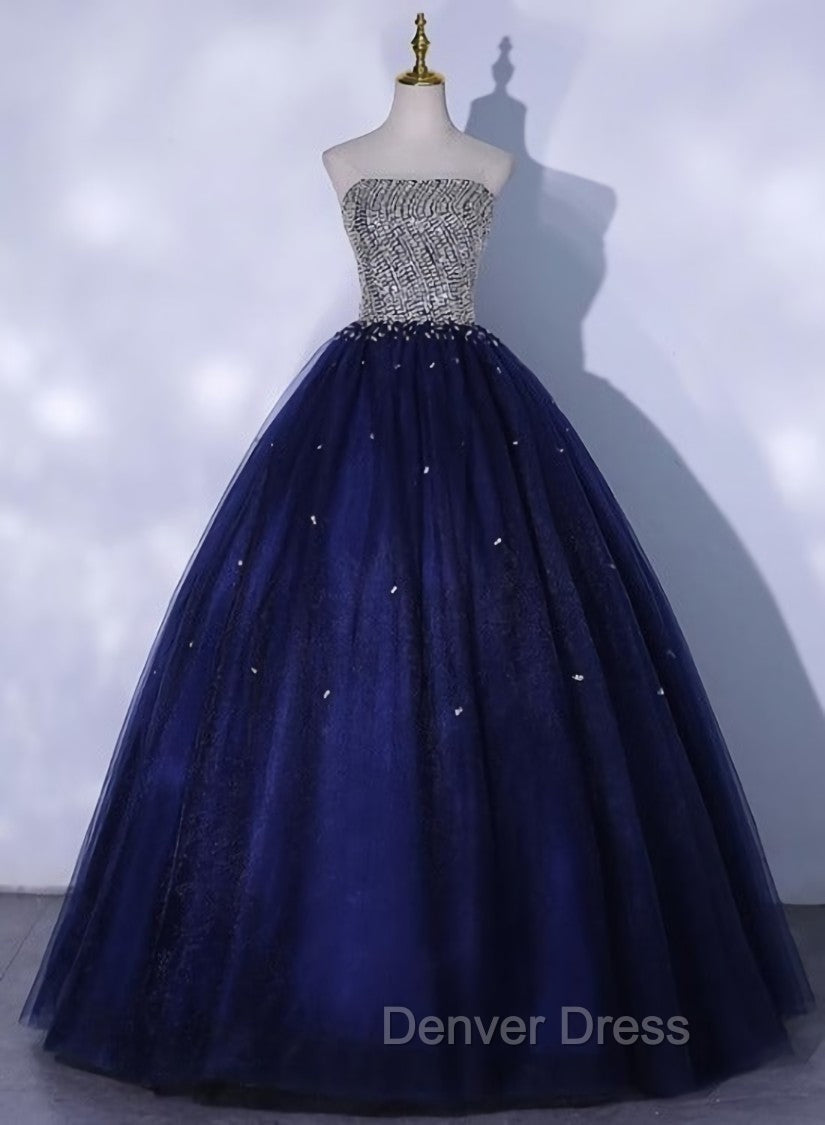 Blue Sequins and Beaded Ball Gowns Tulle Lace up Prom Dress,Blue Prom Dress
