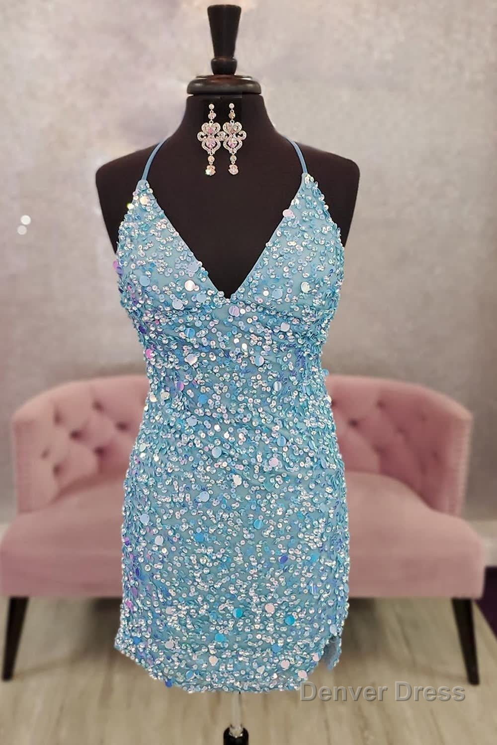 Blue Sequins Backless Tight Homecoming Dresses