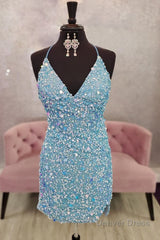 blue sequins backless tight homecoming dress