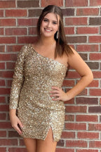 Blue Sequins Homecoming Dress with Sleeves