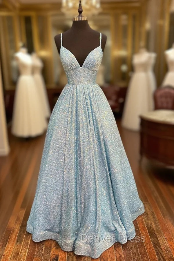 Blue Sequins Long A-Line Prom Dresses, V-Neck Shiny Evening Party Dresses Main image