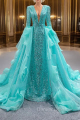 Blue Sequins Long Sleeve Pearls Prom Dresses With Detachable Train