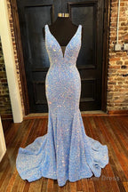 Blue Sequins Mermaid Prom Dresses