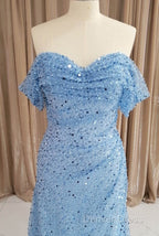 Blue Sequins Off Shoulder Sweep Train Prom Dress, Blue Sweetheart Long Prom Dresses