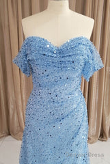 Blue Sequins Off Shoulder Sweep Train Party Dress, Blue Sweetheart Long Formal Dress