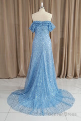 Blue Sequins Off Shoulder Sweep Train Party Dress, Blue Sweetheart Long Formal Dress