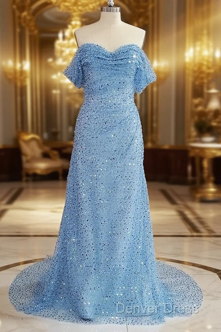 Blue Sequins Off Shoulder Sweep Train Prom Dress, Blue Sweetheart Long Prom Dresses Main image