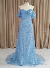 Blue Sequins Off Shoulder Sweep Train Party Dress, Blue Sweetheart Long Formal Dress