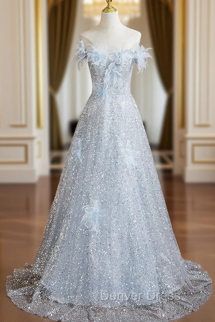 Blue Sequins Off the Shoulder Flower Prom Dresses Main image