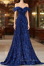 Blue Sequins Off the Shoulder Prom Dresses