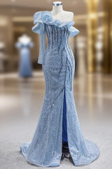 Blue Sequins One Shoulder Beading Prom Dresses